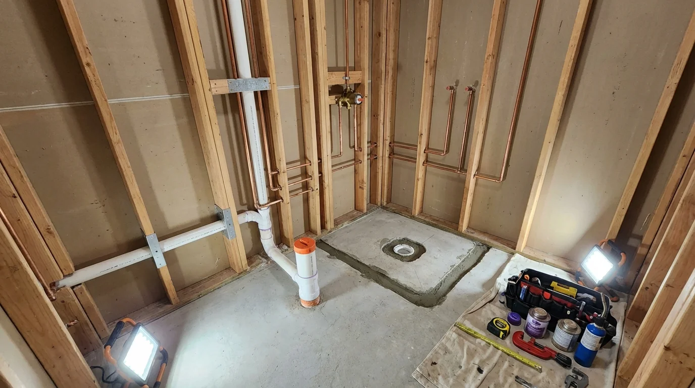 Bathroom rough-in plumbing during remodel by Johns Plumbing LLC in West Islip