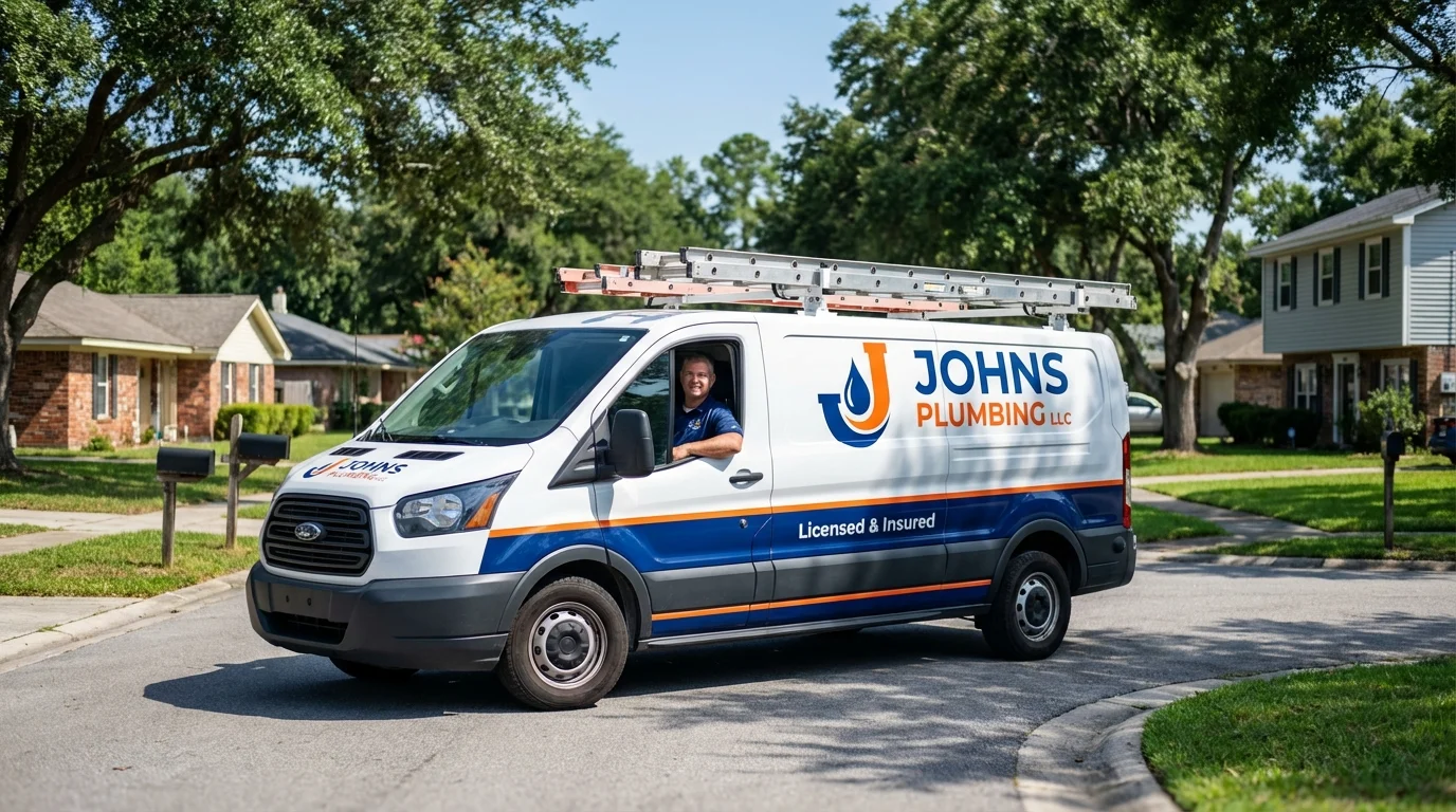 Johns Plumbing LLC service van in West Islip, NY