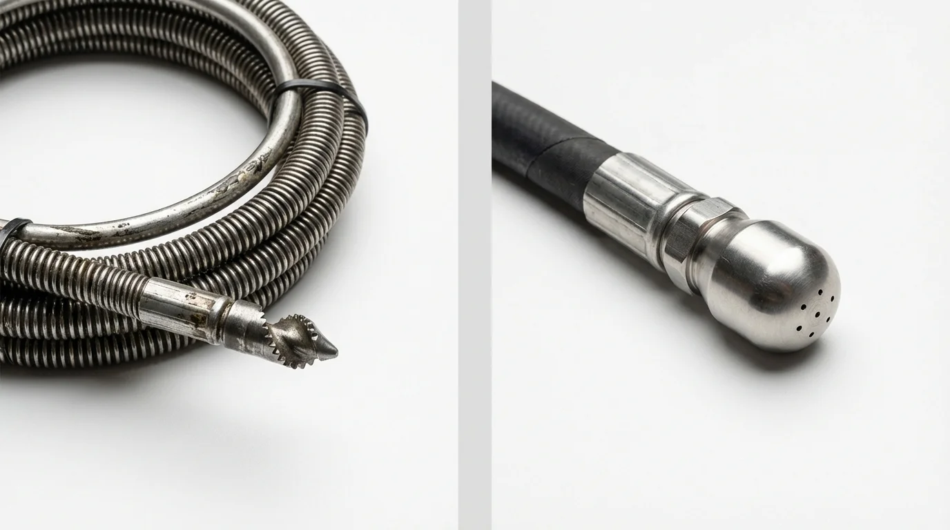 Drain snake cable and hydro jetting nozzle used for drain cleaning in West Islip, NY