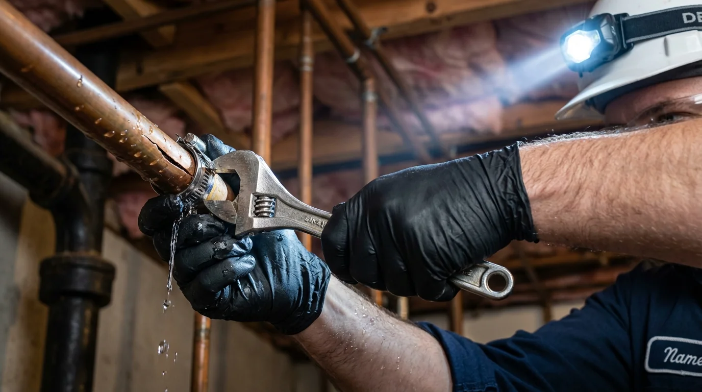 Emergency pipe clamp repair being performed by a Johns Plumbing LLC plumber in West Islip