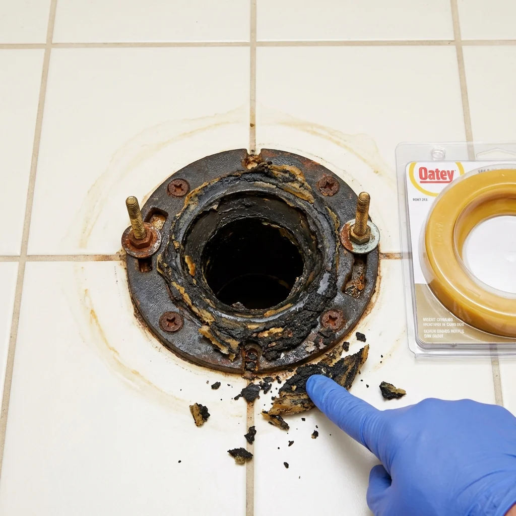 Failed wax ring showing water seepage at the base of a toilet in a West Islip, NY home