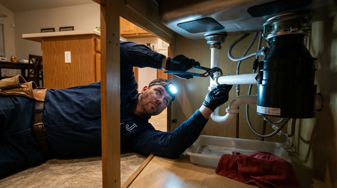 P-trap and supply line connections under a kitchen sink showing a common leak point in West Islip, NY